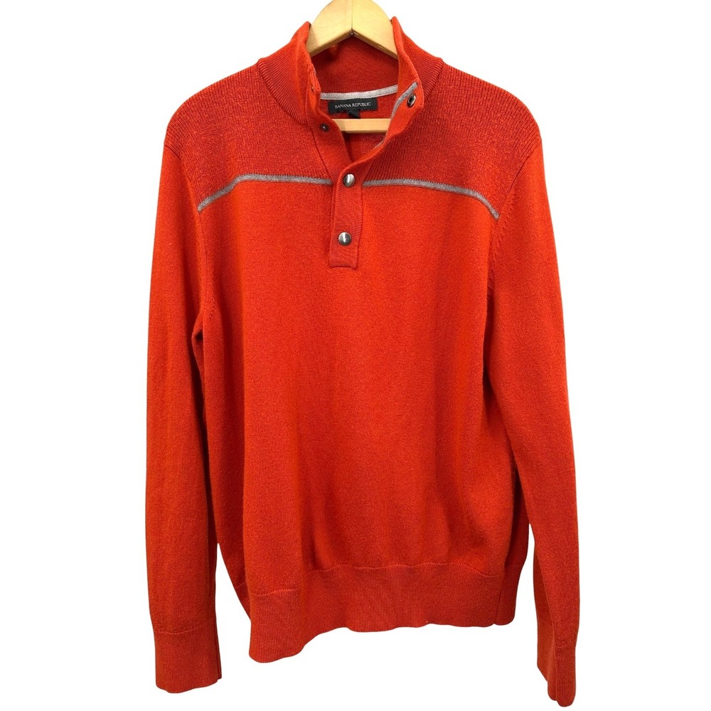 Banana Republic Sweater Snap Mock Neck Orange Extra Fine Merino Wool Men's Large